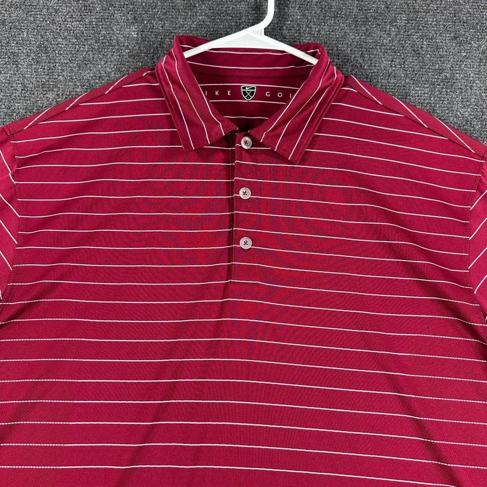 Nike Polo Shirt Mens L Large Red Striped Golf Short Sleeve Dri Fit 231584-642